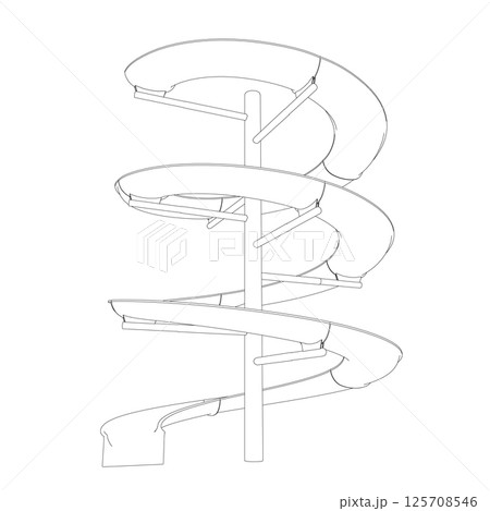 Outline water slide. 3D spiral pipe waterpark construction, water slide in pool aqua park. Waterpark spiral slide water pipes. Vector illustration. Outline water slide. 3D spiral pipe waterpark construction, water slide in pool aqua park. Waterpark spiral slide water pipes. Vector illustration. 125708546