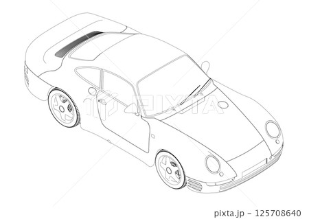 Outline of a sports car made of black lines isolated on a white background. Isometric view. Vector illustration. 125708640