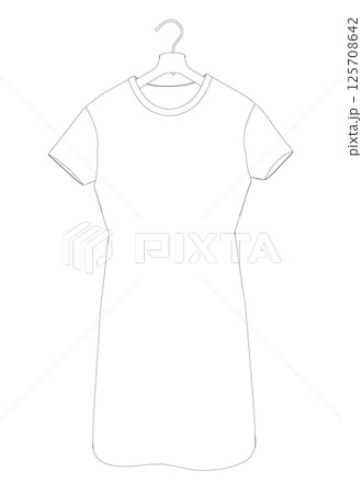 Outline of a woman's dress hanging on a hanger made of black lines isolated on a white background. Vector illustration. Outline of a woman's dress hanging on a hanger made of black lines isolated on a white background. Vector illustration. 125708642