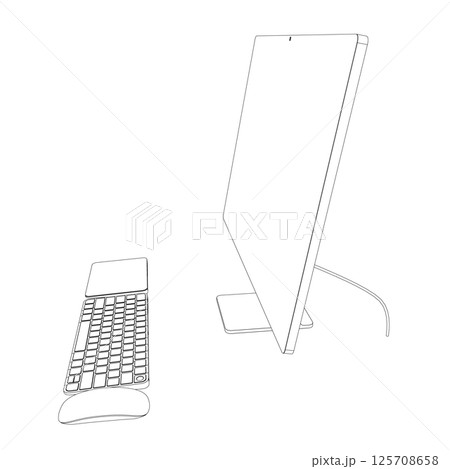 Monitor PC mockup. Outline thin frame monitor or PC with mouse and keyboard isolated on white background. Contour for web site, presentation, or advertising. Vector monitor, keyboard, computer mouse Monitor PC mockup. Outline thin frame monitor or PC with mouse and keyboard isolated on white background. Contour for web site, presentation, or advertising. Vector monitor, keyboard, computer mouse 125708658