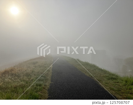 濃霧に包まれる荒川堤防 125708707