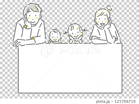 一個四口之家微笑著,下巴放在手上 — — 簡單而時尚的線條畫插圖 一個四口之家微笑著,下巴放在手上 — — 簡單而時尚的線條畫插圖 125708719