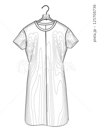 Outline of a woman's dress hanging on a hanger made of black lines isolated on a white background. Vector illustration. 125708736