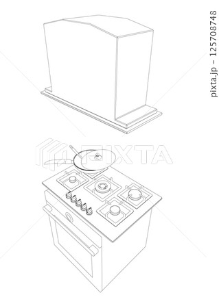 Contour of gas stove and hood. Outline oven vector illustration on white background. Vector illustration Stainless oven for cooking. Isometric view. 3D. Contour of gas stove and hood. Outline oven vector illustration on white background. Vector illustration Stainless oven for cooking. Isometric view. 3D. 125708748