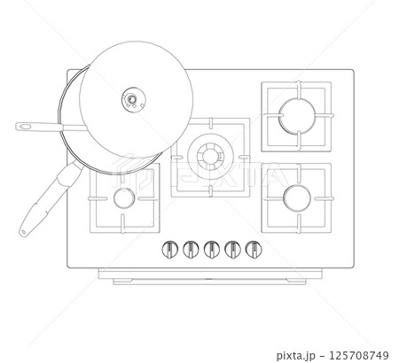 Contour of gas stove and hood. Outline oven vector illustration on white background. Vector illustration Stainless oven for cooking. Top view. 3D. 125708749