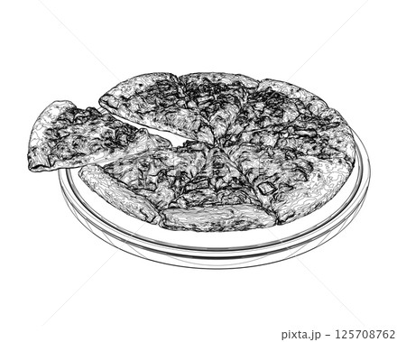 Pizza with one slice separated wireframe icon. Thin line illustration. Wireframe symbol. Vector isolated drawing. Pizza with one slice separated linear icon. 3D. 125708762