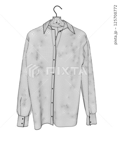 Wireframe shirt with button down collar isolated on white. Wireframe of a long sleeved shirt hanging on a hanger made of black lines isolated on a white background. Vector illustration. 125708772