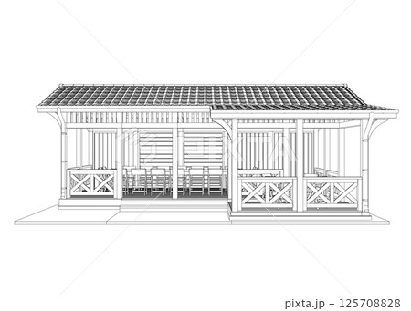 Gazebo outline. Black contour linear silhouette. Isometric view. Contour of a summerhouse with benches, a table and a roof. Vector illustration. 3D. Side view 125708828