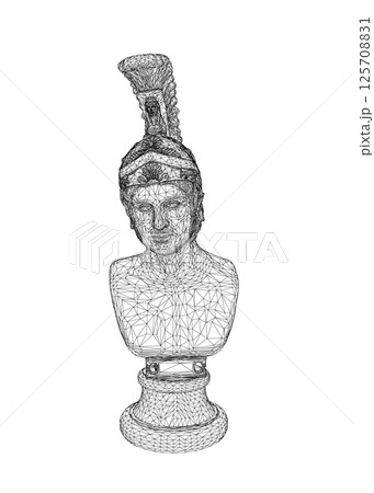 Vector illustration of a bust of Greek God Ares. Statue bust wireframe made of black lines isolated on white background. 3D. 125708831