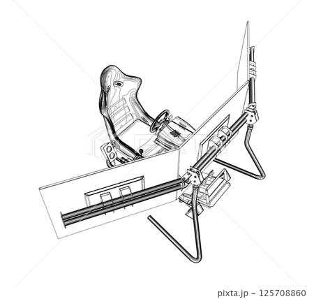 Electronic wheel technology for computer game, vector illustration. Race gaming simulator contour. Learn to drive with gaming wheel. Driving school, simulation driving lesson. Car racing video game 125708860