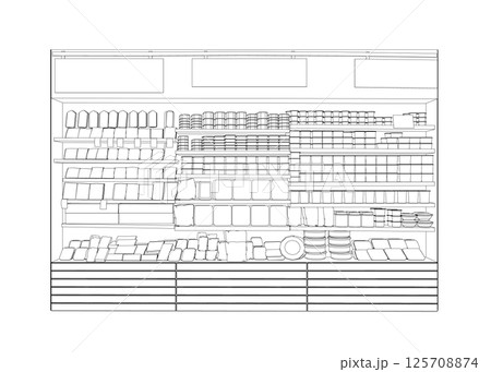Outline Supermarket store interior with goods. Contour Grocery supermarket and store with shelves and products. Vector illustration. Outline Supermarket store interior with goods. Contour Grocery supermarket and store with shelves and products. Vector illustration. 125708874