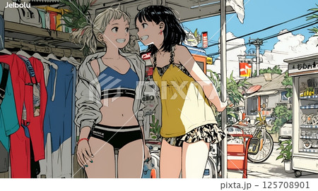 ビーチリゾートのショップで女友達と買物をしている若い女性