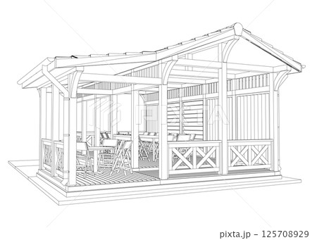 Gazebo outline. Black contour linear silhouette. Isometric view. Contour of a summerhouse with benches, a table and a roof. Vector illustration. 3D. Gazebo outline. Black contour linear silhouette. Isometric view. Contour of a summerhouse with benches, a table and a roof. Vector illustration. 3D. 125708929