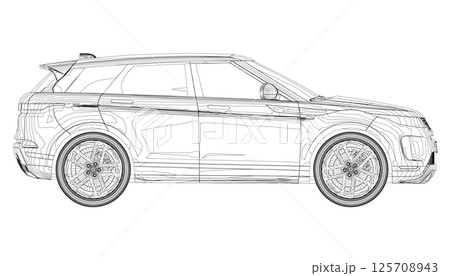 Modern SUV car outline. Side view of contour crossover vehicle isolated on white background. Vector car template for branding, advertisement, logo placement. Classic luxury suv car. 125708943