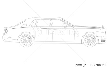 Contour of a luxury car on a white background. Modern sport car sketch line outline isolated on white background in side view. Vector illustration. 125708947