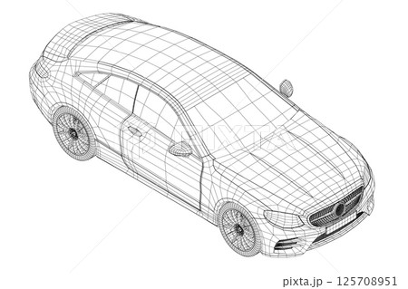 Wireframe of a two door modern car made of black lines isolated on a white background. Isometric view. Vector illustration. 3D. 125708951