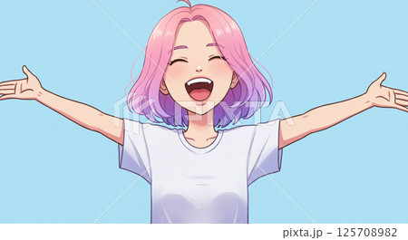 両手いっぱいの笑顔で迎える女子 両手いっぱいの笑顔で迎える女子 125708982