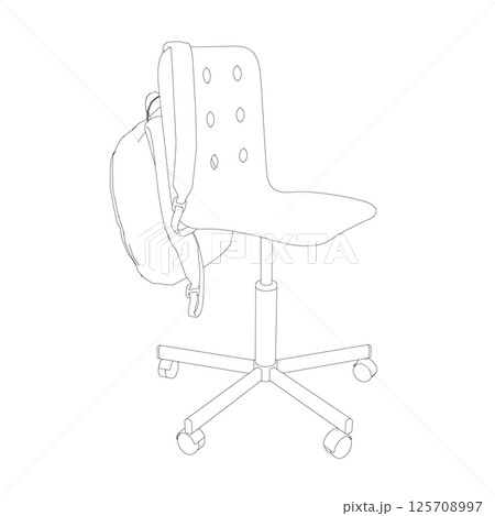 Outline of a backpack hanging on a chair made of black lines isolated on a white background. Vector illustration. Outline of a backpack hanging on a chair made of black lines isolated on a white background. Vector illustration. 125708997