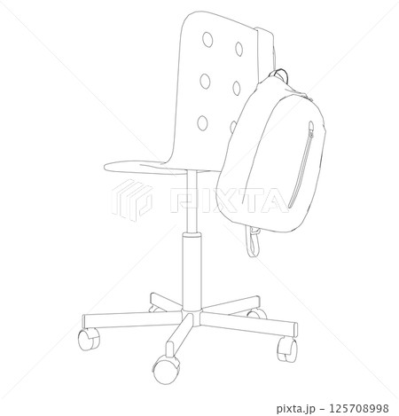 Outline of a backpack hanging on a chair made of black lines isolated on a white background. Vector illustration. Outline of a backpack hanging on a chair made of black lines isolated on a white background. Vector illustration. 125708998
