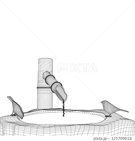 Outline of two birds sitting on a well and drinking water from black lines isolated on a white background. 3D. Vector illustration. 125709018