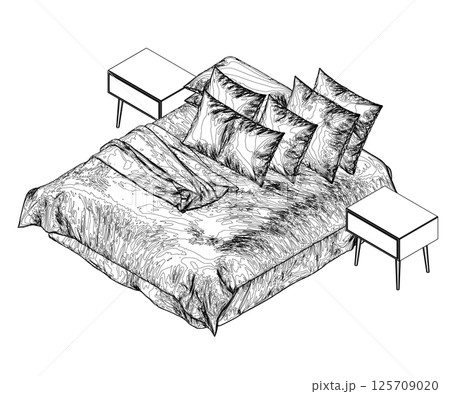 Outline of a sleeping bed with an unmade blanket and pillows from black lines isolated on a white background. Isometric View. Vector illustration. 3D. 125709020