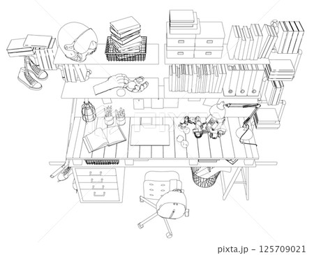 Vector illustration of a teenager's room interior made of black lines isolated on a white background. A table with many books, educational supplies and sports equipment. 3D. 125709021