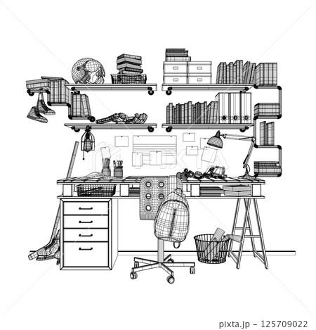 Vector illustration of a teenager's room interior made of black lines isolated on a white background. A table with many books, educational supplies and sports equipment. 3D. Wireframe illustration. 125709022