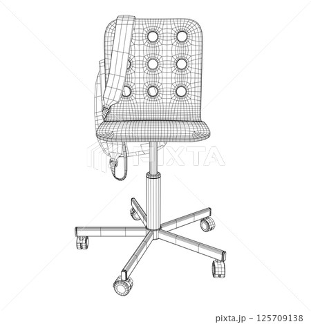 Wireframe of a backpack hanging on a chair made of black lines isolated on a white background. Vector illustration. 3D. 125709138