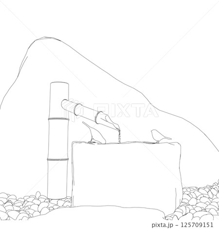 Outline of two birds sitting on a well and drinking water from black lines isolated on a white background. 3D. Vector illustration. 125709151
