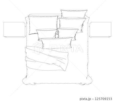 Outline of a sleeping bed with an unmade blanket and pillows from black lines isolated on a white background. View from above. Vector illustration. 125709153