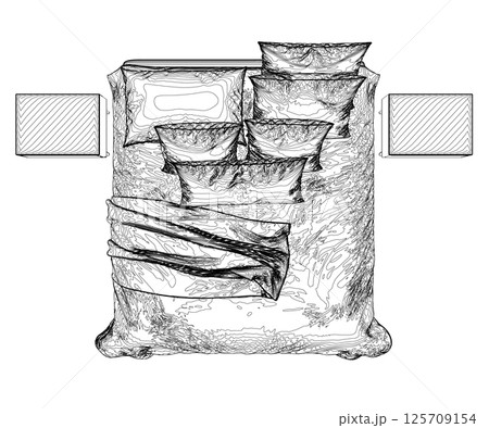 Outline of a sleeping bed with an unmade blanket and pillows from black lines isolated on a white background. View from above. Vector illustration. Outline of a sleeping bed with an unmade blanket and pillows from black lines isolated on a white background. View from above. Vector illustration. 125709154
