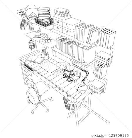 Vector illustration of a teenager's room interior made of black lines isolated on a white background. A table with many books, educational supplies and sports equipment. Vector illustration of a teenager's room interior made of black lines isolated on a white background. A table with many books, educational supplies and sports equipment. 125709156
