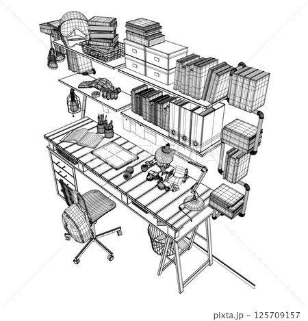 Vector illustration of a teenager's room interior made of black lines isolated on a white background. A table with many books, educational supplies and sports equipment. 3D. Wireframe illustration. Vector illustration of a teenager's room interior made of black lines isolated on a white background. A table with many books, educational supplies and sports equipment. 3D. Wireframe illustration. 125709157