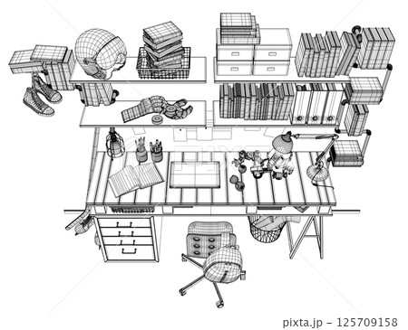 Vector illustration of a teenager's room interior made of black lines isolated on a white background. A table with many books, educational supplies and sports equipment. 3D. Wireframe illustration. 125709158