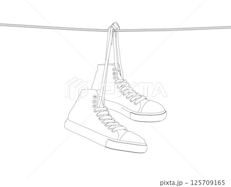 Contour Sneakers hanging from a rope on the white background. Vector illustration. 125709165