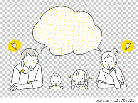 驚喜的四口之家 — 簡單而時尚的線條畫插圖 125709223