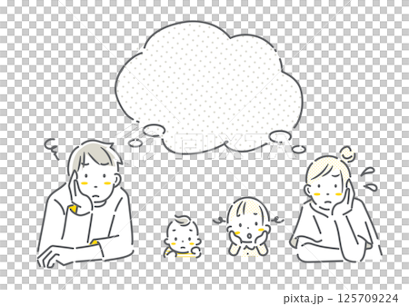 Anxious young family of four - simple and stylish line drawing illustration Anxious young family of four - simple and stylish line drawing illustration 125709224