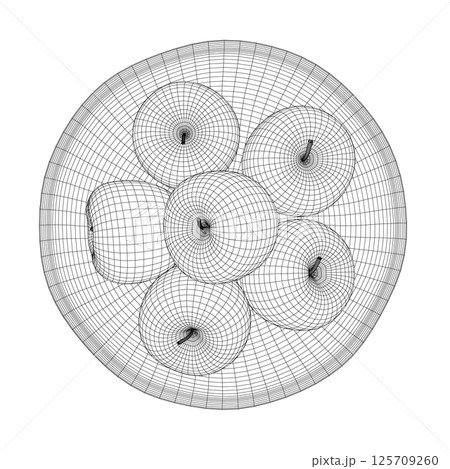 The bowl is filled with apples. Wireframe and line art style. Vector on white background. 3D. The bowl is filled with apples. Wireframe and line art style. Vector on white background. 3D. 125709260