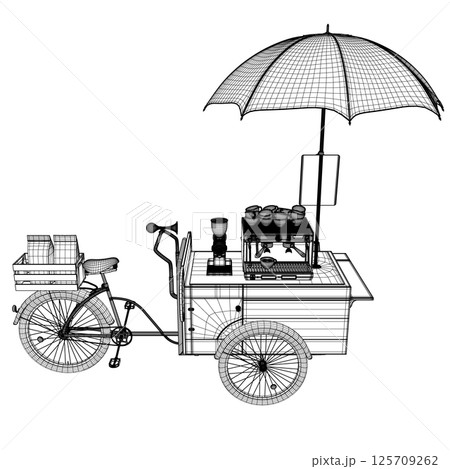 Detailed Outdoor Bicycle Coffee Stand Vector Illustration with Table, Chairs, Menu Display, and Brewing Equipment for Mobile Shop Concept. Vector illustration on the theme of street food. 3D Isometric 125709262