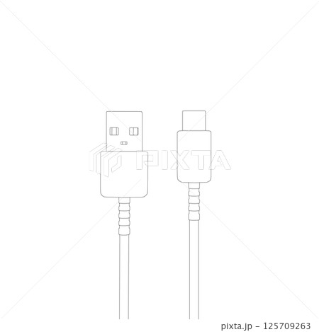 Charging cable, wires with type-c and USB-A ports, contour vector black and white images. charging cable. concept of connection, tech, cell phone accessories, recharge, data transmission. Charging cable, wires with type-c and USB-A ports, contour vector black and white images. charging cable. concept of connection, tech, cell phone accessories, recharge, data transmission. 125709263