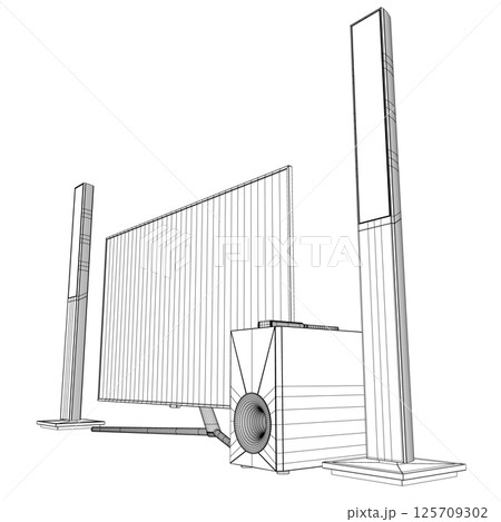 Wireframe TV home theater with sound speaker design. Speakers and television, tv set icon in black flat glyph, outline style isolated on white background. 3D Wireframe TV home theater with sound speaker design. Speakers and television, tv set icon in black flat glyph, outline style isolated on white background. 3D 125709302