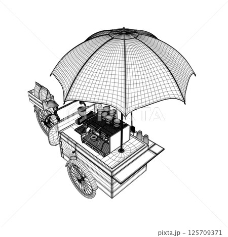 Detailed Outdoor Bicycle Coffee Stand Vector Illustration with Table, Chairs, Menu Display, and Brewing Equipment for Mobile Shop Concept. Vector illustration on the theme of street food. 3D Isometric 125709371