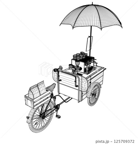 Detailed Outdoor Bicycle Coffee Stand Vector Illustration with Table, Chairs, Menu Display, and Brewing Equipment for Mobile Shop Concept. Vector illustration on the theme of street food. 3D Isometric 125709372