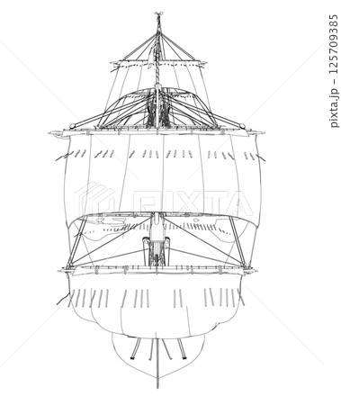 Outline of an ancient sailing frigate made of black lines isolated on a white background. Vector illustration. 125709385