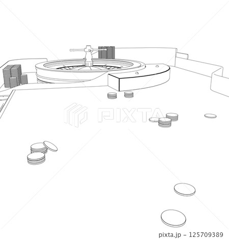 Outline Casino roulette wheel with casino chips on table. View from above. Vector illustration. 125709389