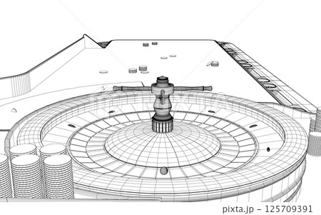 Outline Casino roulette wheel with casino chips on table. View from above. Vector illustration. 125709391
