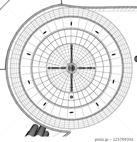 Outline Casino roulette wheel with casino chips on table. View from above. Vector illustration. 125709392