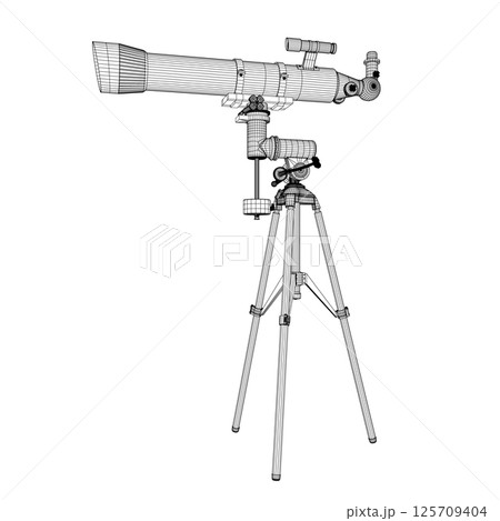 Wireframe drawing of Telescope - astronomy tool. Telescope in simple outline vector illustration. 3D. 125709404