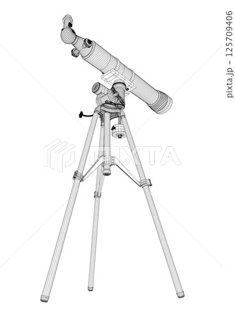 Wireframe drawing of Telescope - astronomy tool. Telescope in simple outline vector illustration. 3D. 125709406