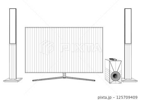 Wireframe TV home theater with sound speaker design. Speakers and television, tv set icon in black flat glyph, outline style isolated on white background. 3D 125709409